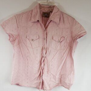 Moda Tech Original Clothing Lght Pnk Womens Shrt Slv Western Pearl Snap Blouse M